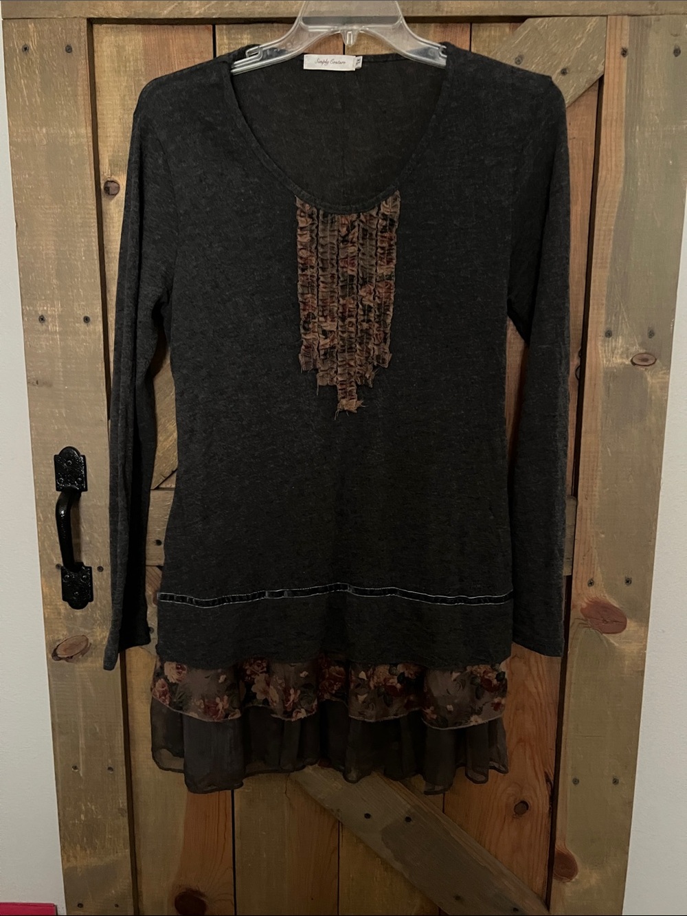 Simply Couture Dark Gray Long-Sleeve Tunic with Floral Ruffle Hem